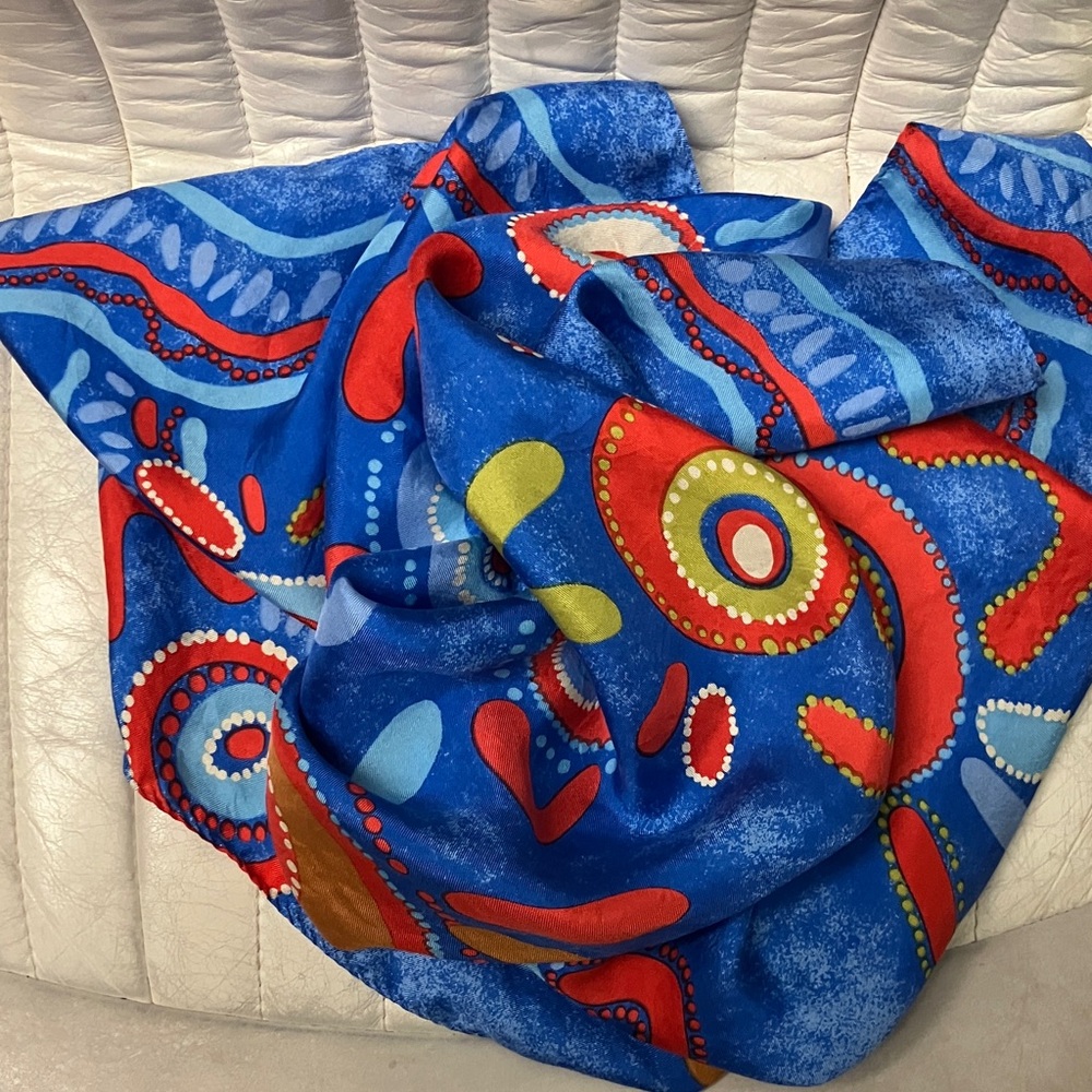 Vibrant Blue, Red and Orange Silk Scarf